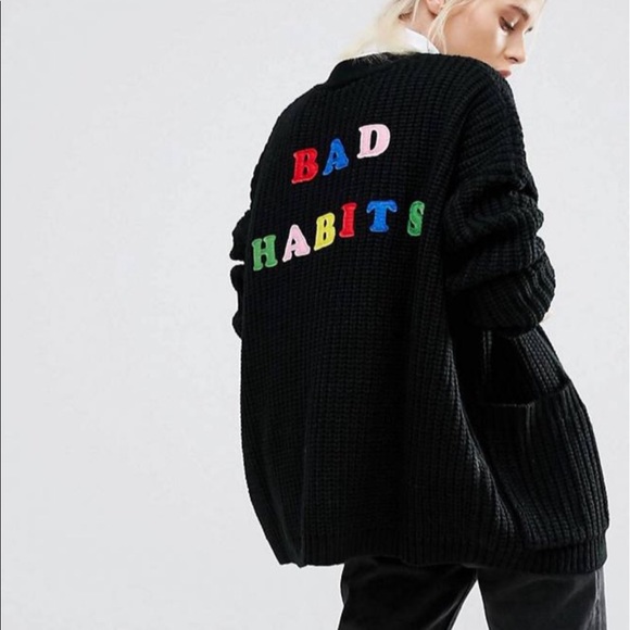 Lazy Oaf Sweaters - Lazy Oaf College Cardigan In Knitted Rib With Bad Habit Back | Rare